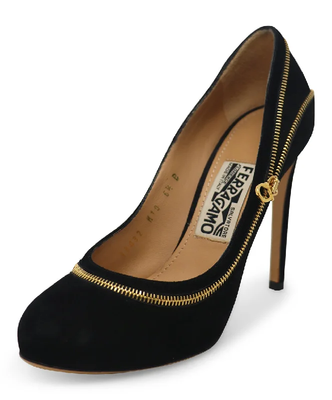 Ferragamo Black Suede & Gold Zipper Heels sz 6.5