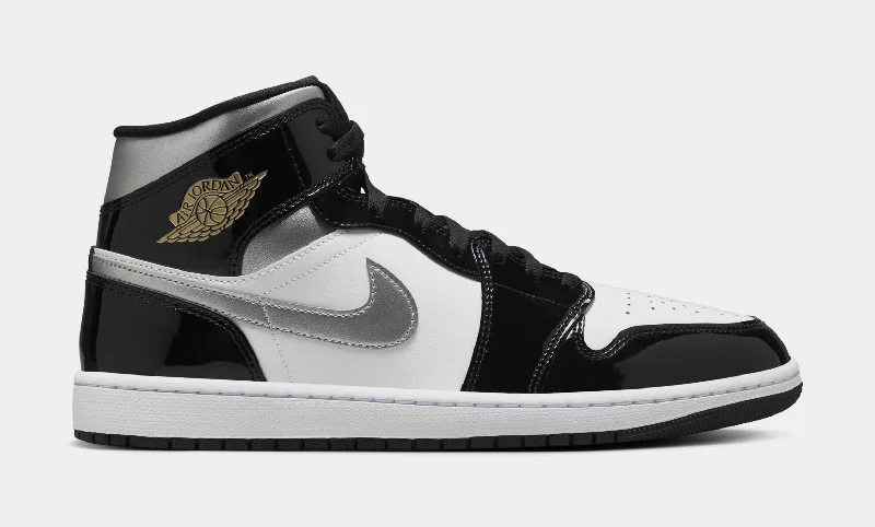 Air Jordan 1 Retro Mid SE Black Patent Mens Lifestyle Shoes (Black Patent/Metallic Gold/Silver)