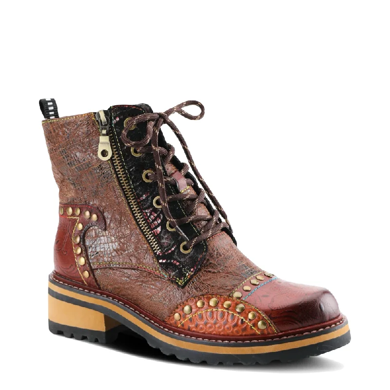 Spring Step Women's Rugup Studded Heeled Side Zip Lace Boot in Brown Multi